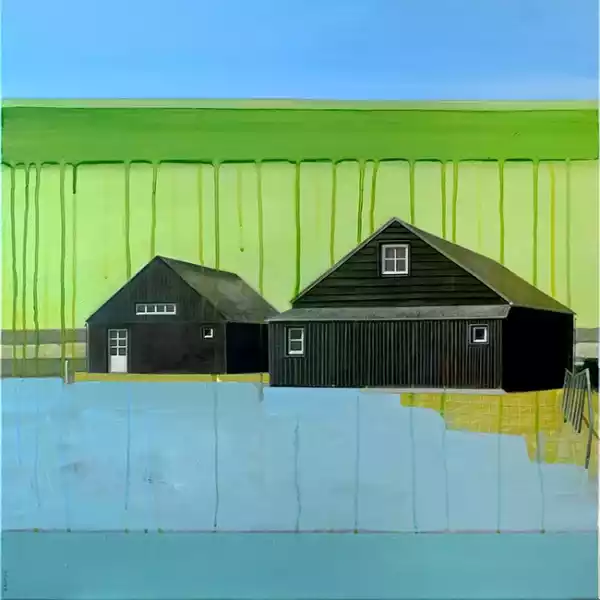 dark huts in an uncertain space.