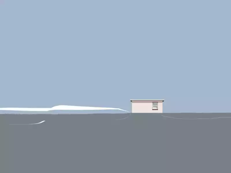 Cabin in a desert with mountains in the distance.